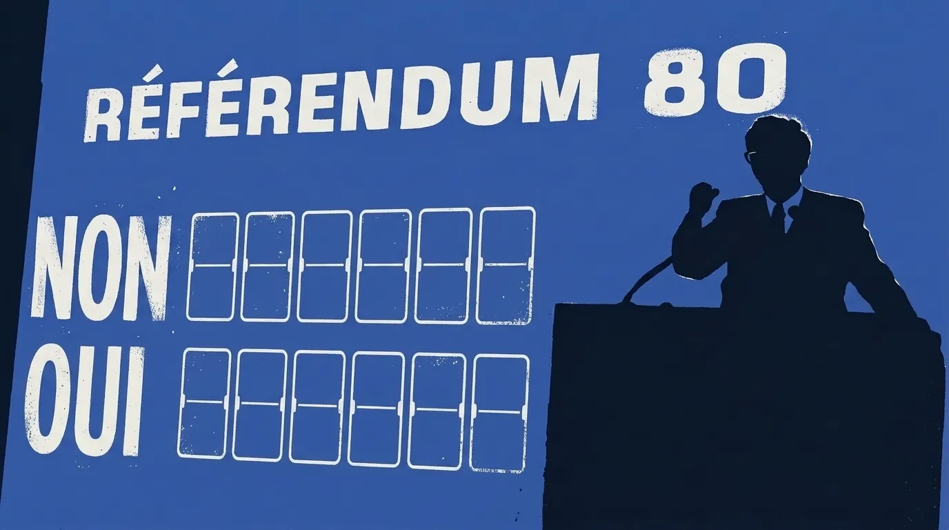 Un orateur à la tribune devant le tableau des résultats « Référendum 80 », avec une ligne du Non au-dessus d’une ligne du Oui.