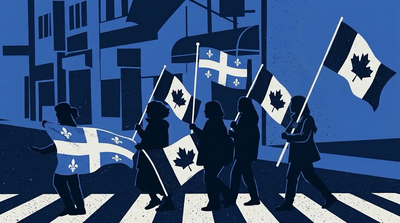 Des jeunes traversent une rue de Montréal en 1995, certains avec des drapeaux du Québec, d’autres avec des drapeaux du Canada.
