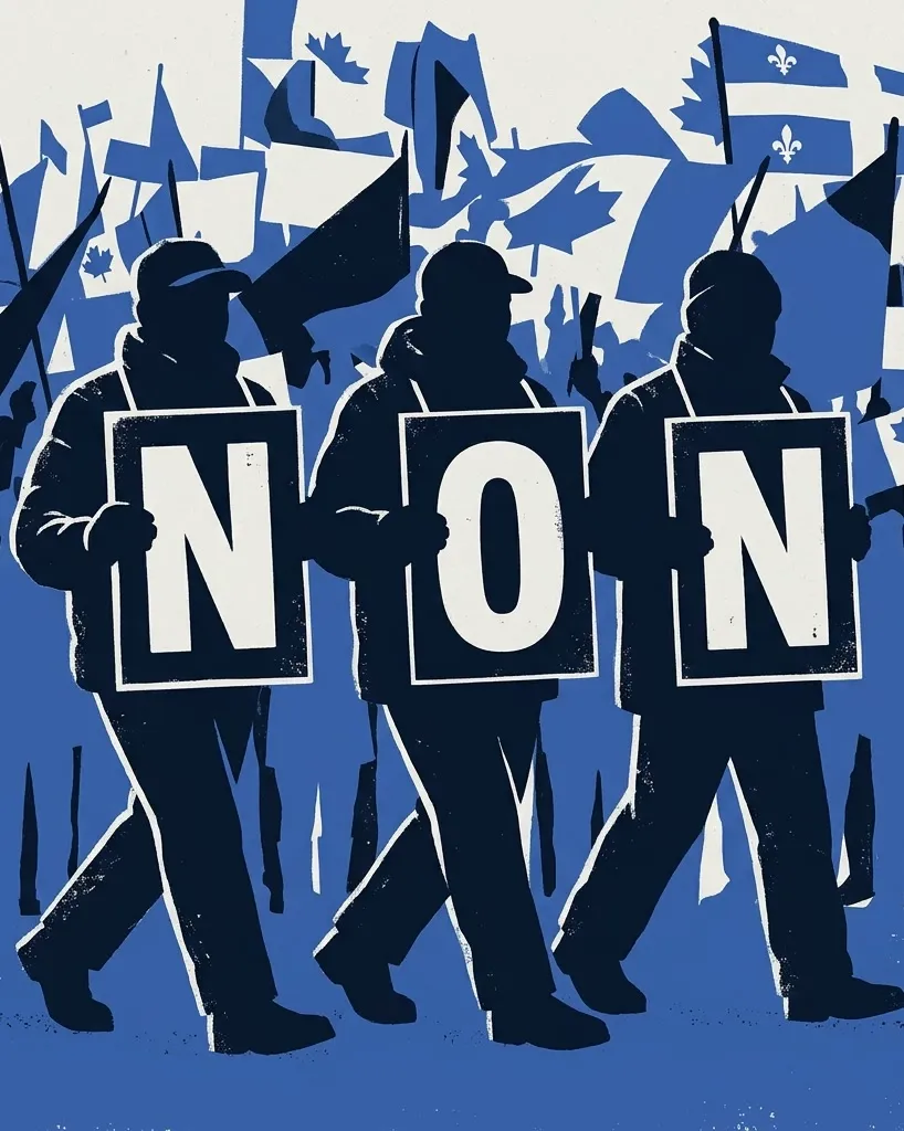 Trois partisans du Non marchent au pas à un rassemblement, chacun tenant une pancarte portant une lettre du mot « Non ».
