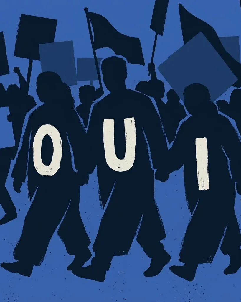 Des partisans du Oui défilent dans une rue de Montréal en 1995, trois d’entre eux déguisés en lettres du mot « Oui ».