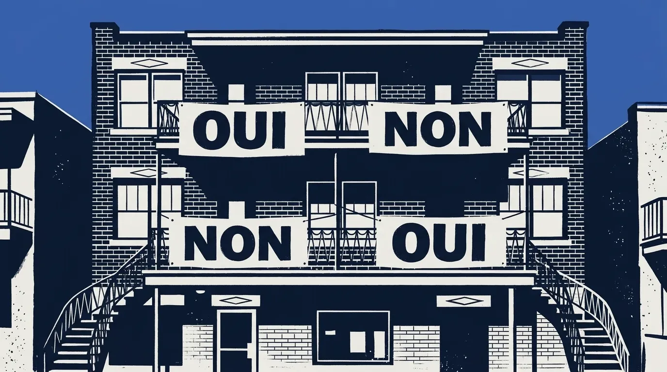 Un immeuble de Montréal en 1980, orné à la fois de banderoles du Oui et du Non.